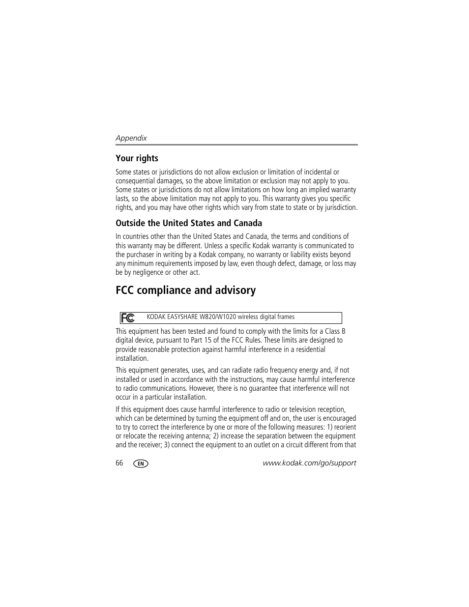 Fcc compliance and advisory | Kodak EASYSHARE W1020 User Manual | Page 72 / 79