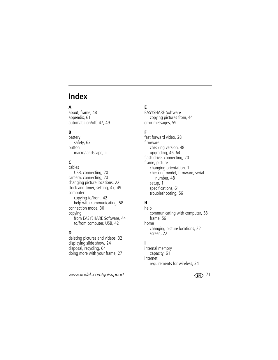 Index | Kodak EASYSHARE W1020 User Manual | Page 77 / 79