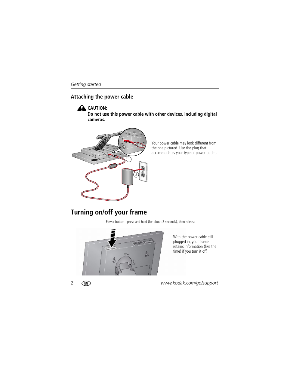 Turning on/off your frame | Kodak EASYSHARE W1020 User Manual | Page 8 / 79