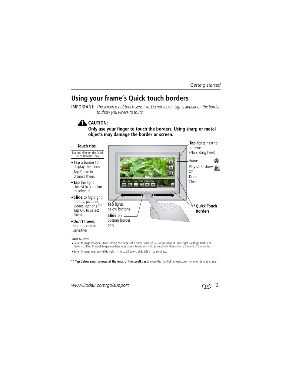 Using your frame’s quick touch borders | Kodak EASYSHARE W1020 User Manual | Page 9 / 79