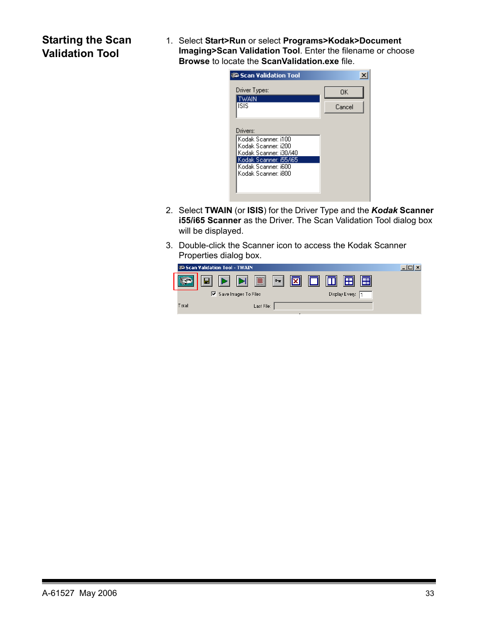 Starting the scan validation tool | Kodak i55 User Manual | Page 37 / 93