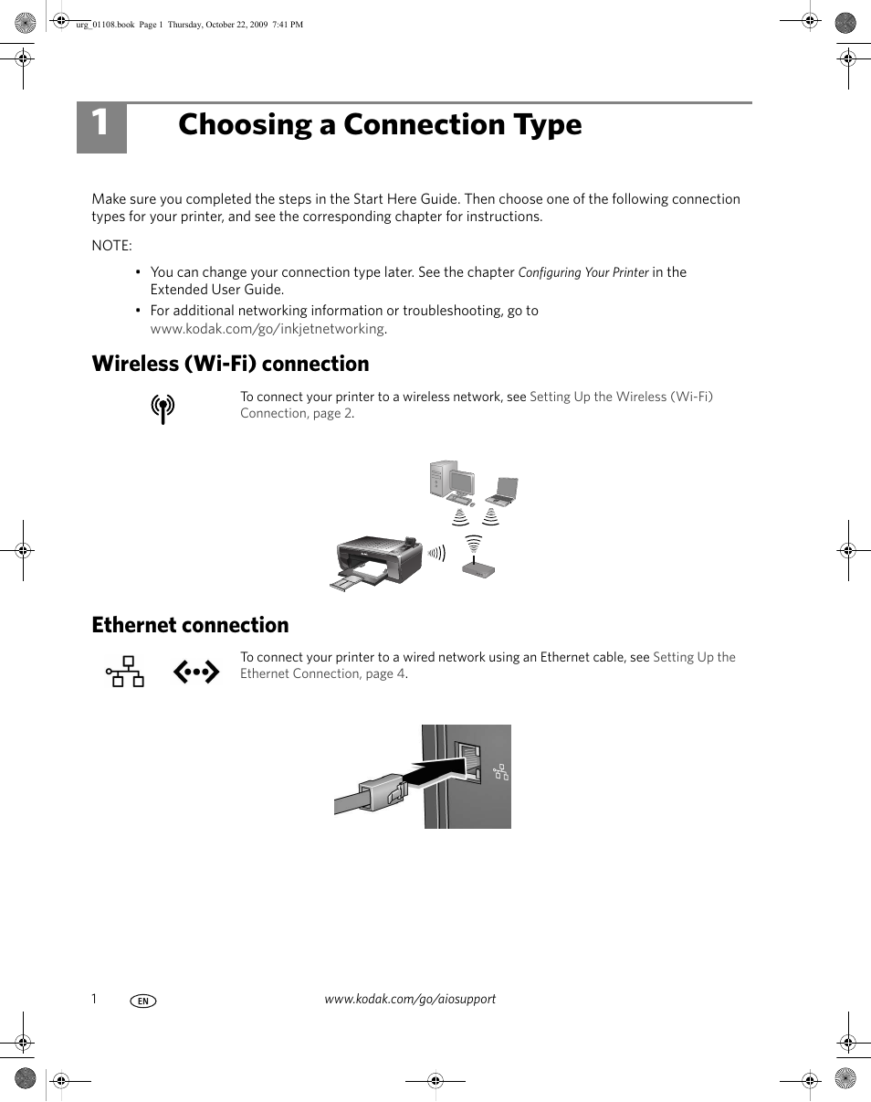 Choosing a connection type, Wireless (wi-fi) connection ethernet connection | Kodak 1K5857 User Manual | Page 2 / 6