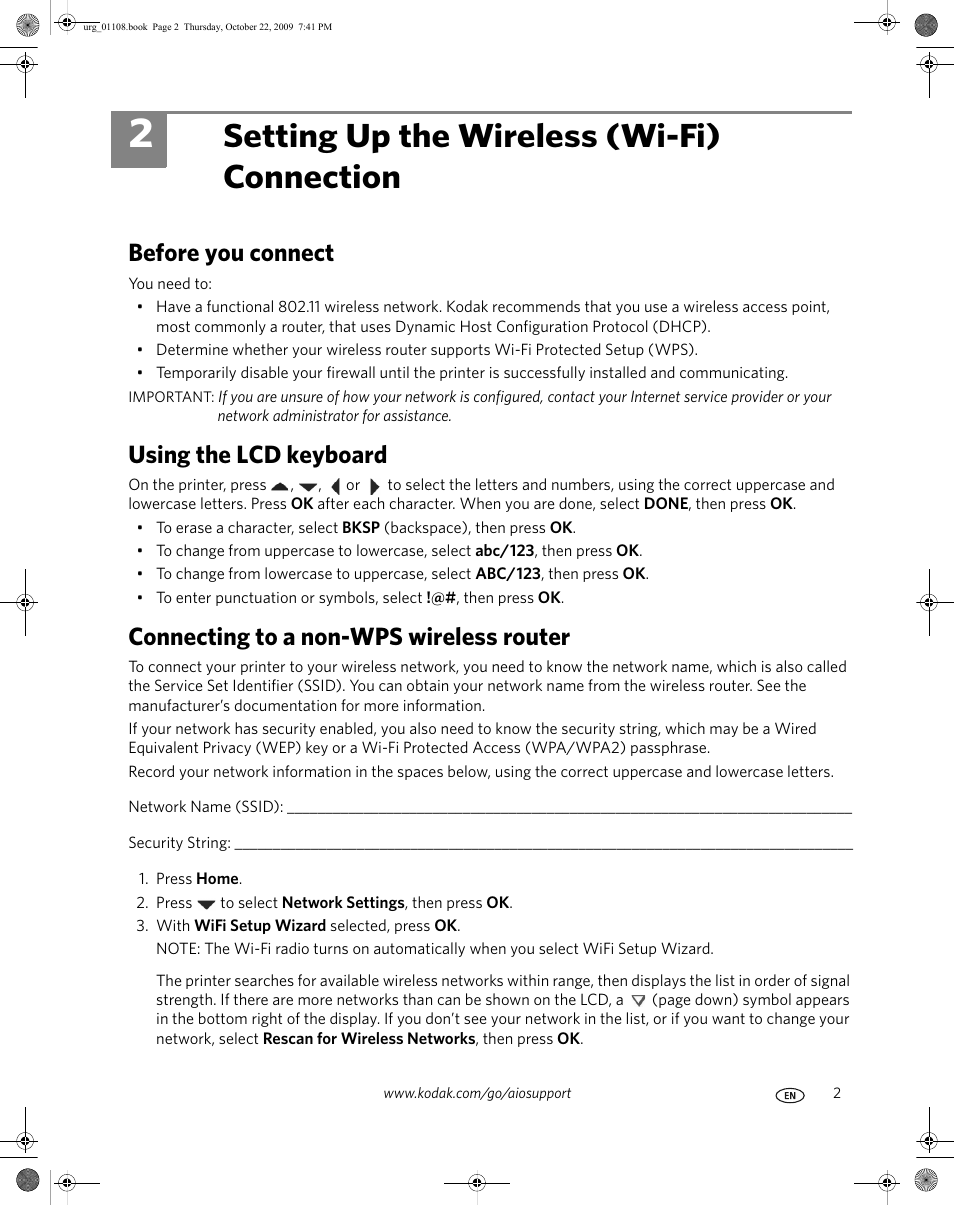 Setting up the wireless (wi-fi) connection, Before you connect, Using the lcd keyboard | Connecting to a non-wps wireless router | Kodak 1K5857 User Manual | Page 3 / 6