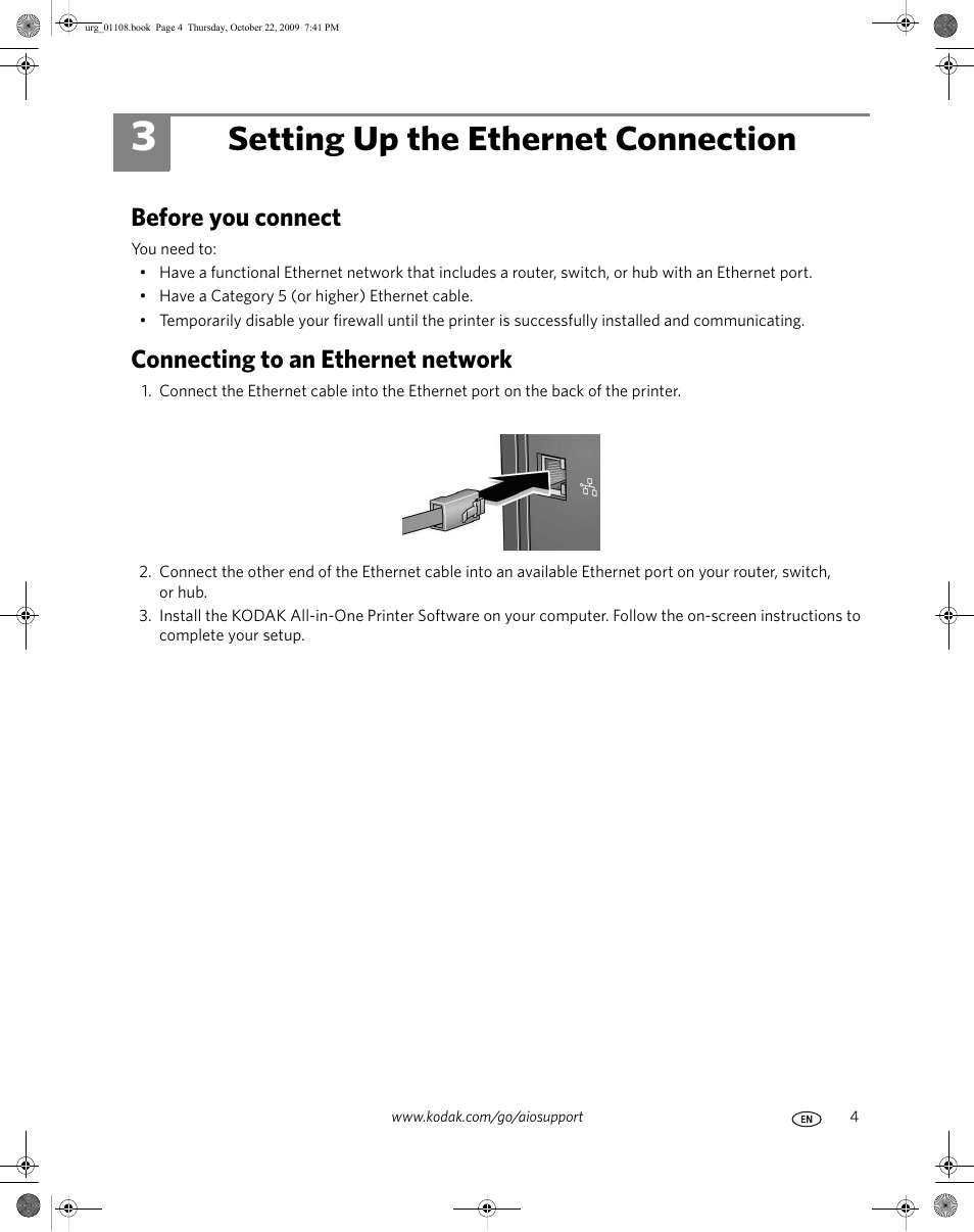 Setting up the ethernet connection, Before you connect, Connecting to an ethernet network | Kodak 1K5857 User Manual | Page 5 / 6