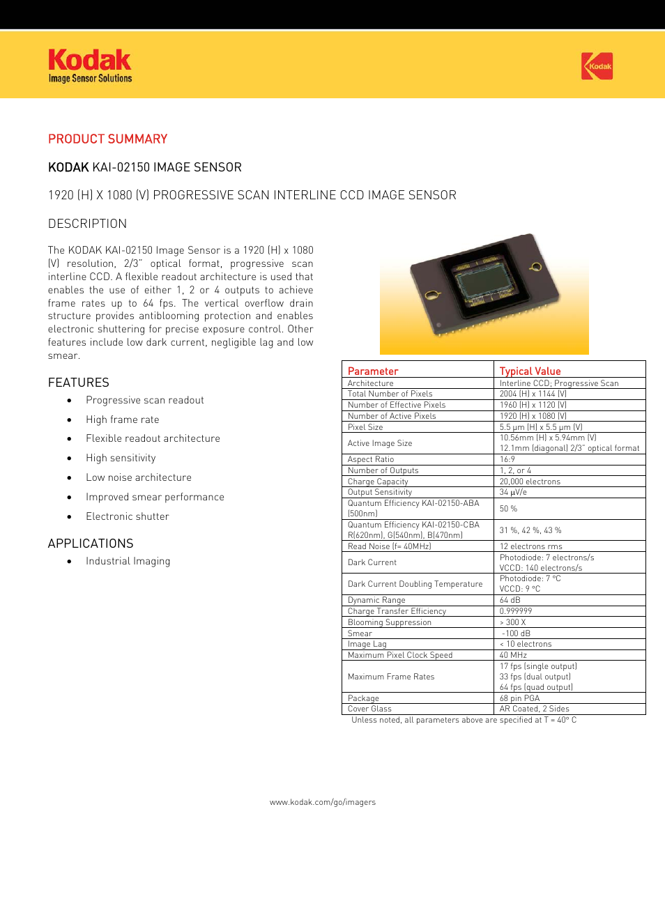 Kodak IMAGE SENSOR KAI-02150 User Manual | 2 pages