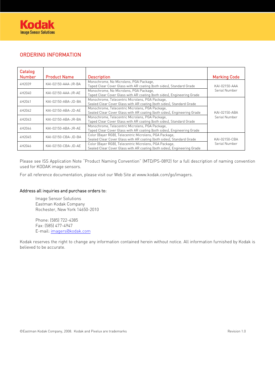 Ordering information | Kodak IMAGE SENSOR KAI-02150 User Manual | Page 2 / 2