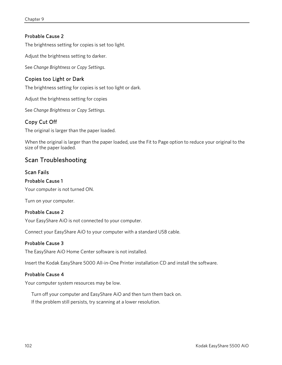 Probable cause 2, Copies too light or dark, Copy cut off | Scan troubleshooting, Scan fails, Probable cause 1, Probable cause 3, Probable cause 4 | Kodak 5500 User Manual | Page 106 / 120