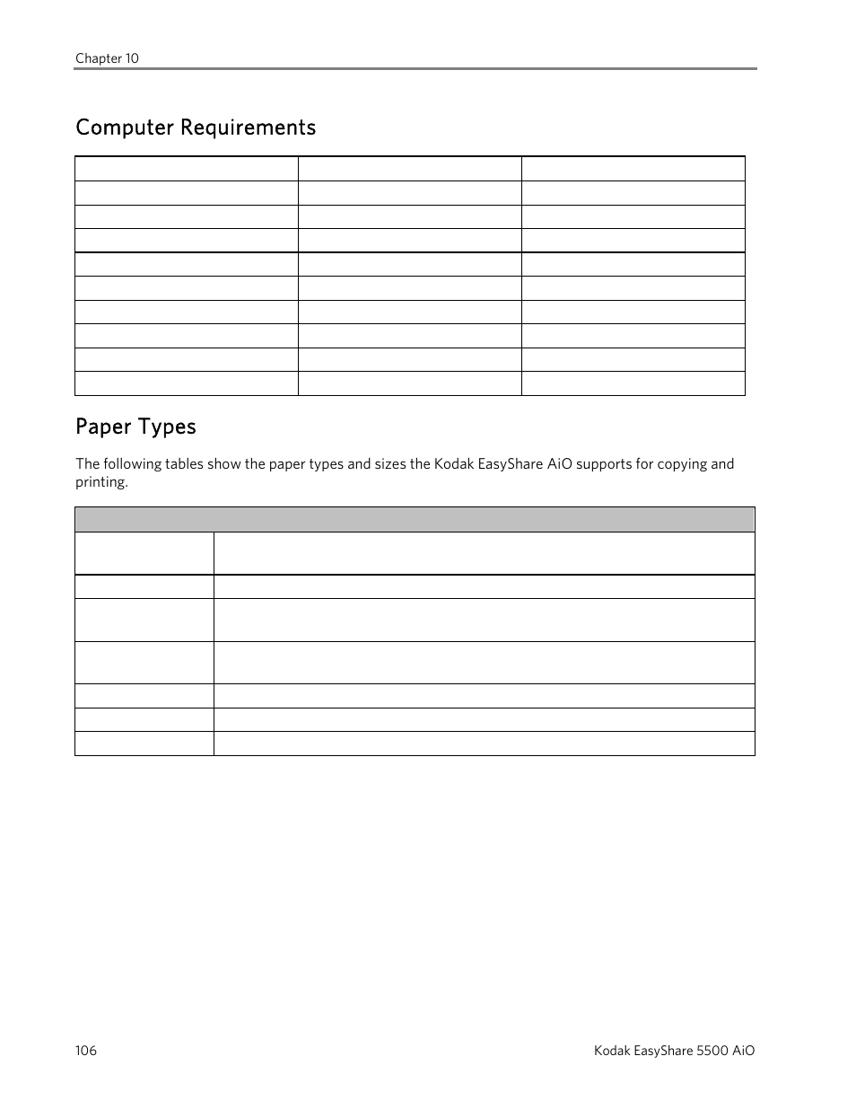 Computer requirements, Paper types | Kodak 5500 User Manual | Page 110 / 120