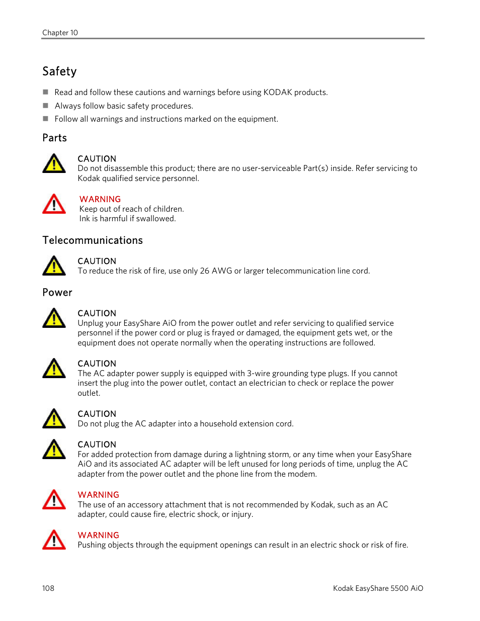 Safety, Parts, Telecommunications | Power | Kodak 5500 User Manual | Page 112 / 120