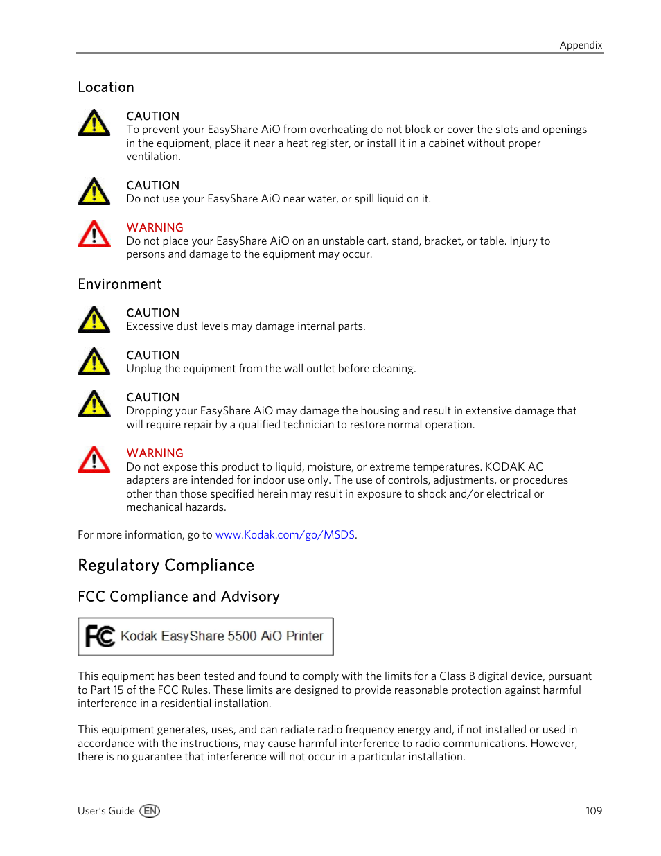 Location, Environment, Regulatory compliance | Fcc compliance and advisory | Kodak 5500 User Manual | Page 113 / 120