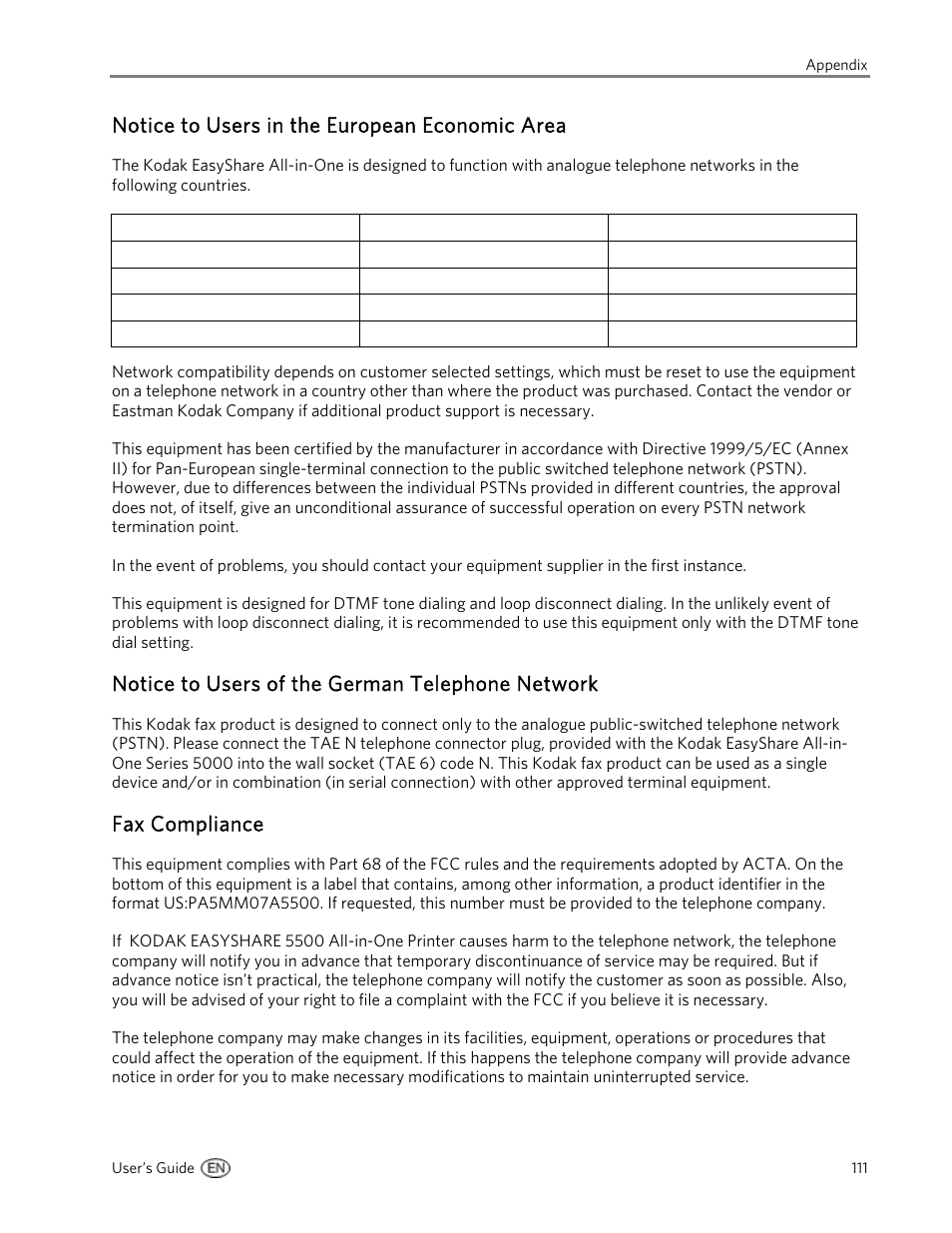 Notice to users in the european economic area, Notice to users of the german telephone network, Fax compliance | Kodak 5500 User Manual | Page 115 / 120