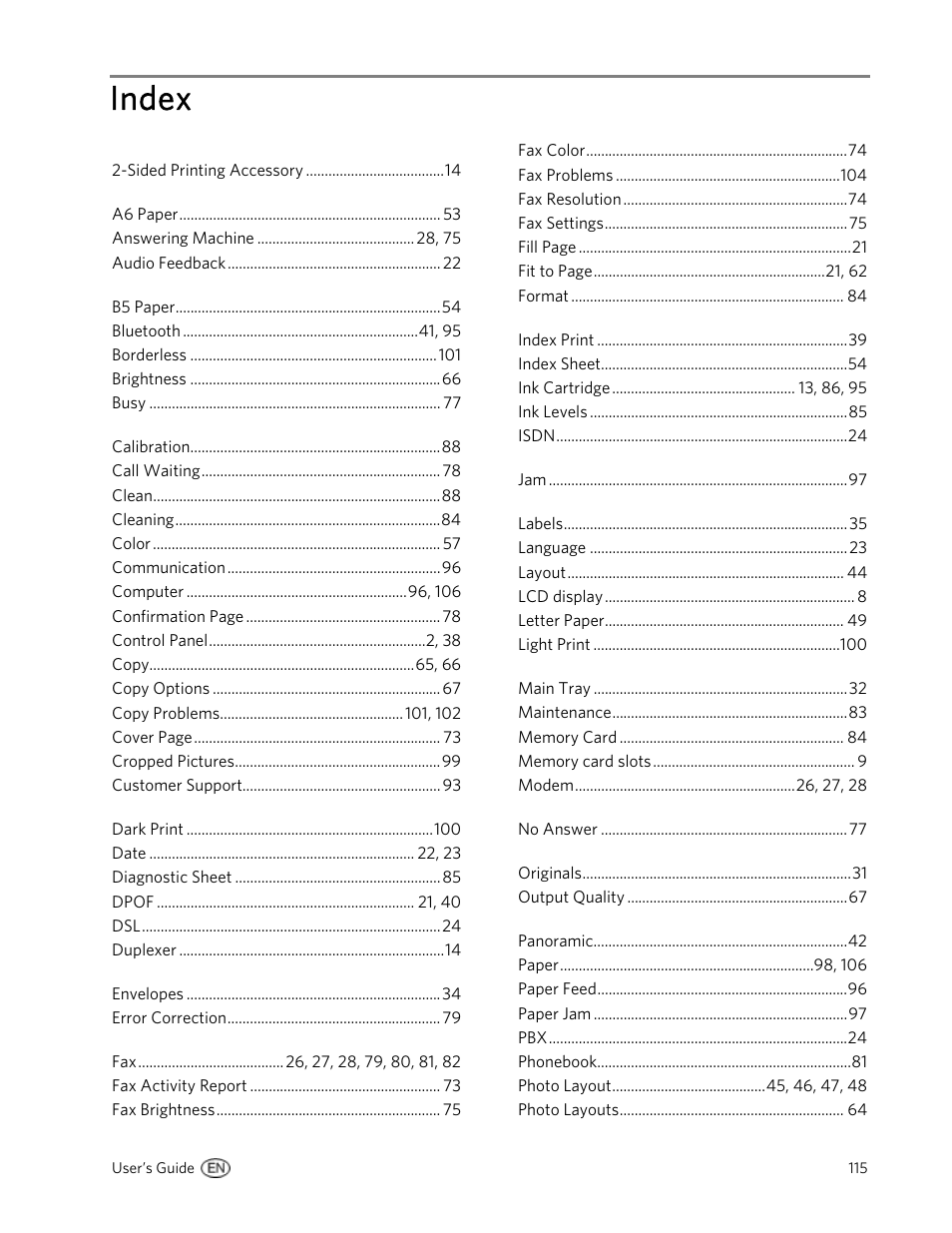 Index | Kodak 5500 User Manual | Page 119 / 120