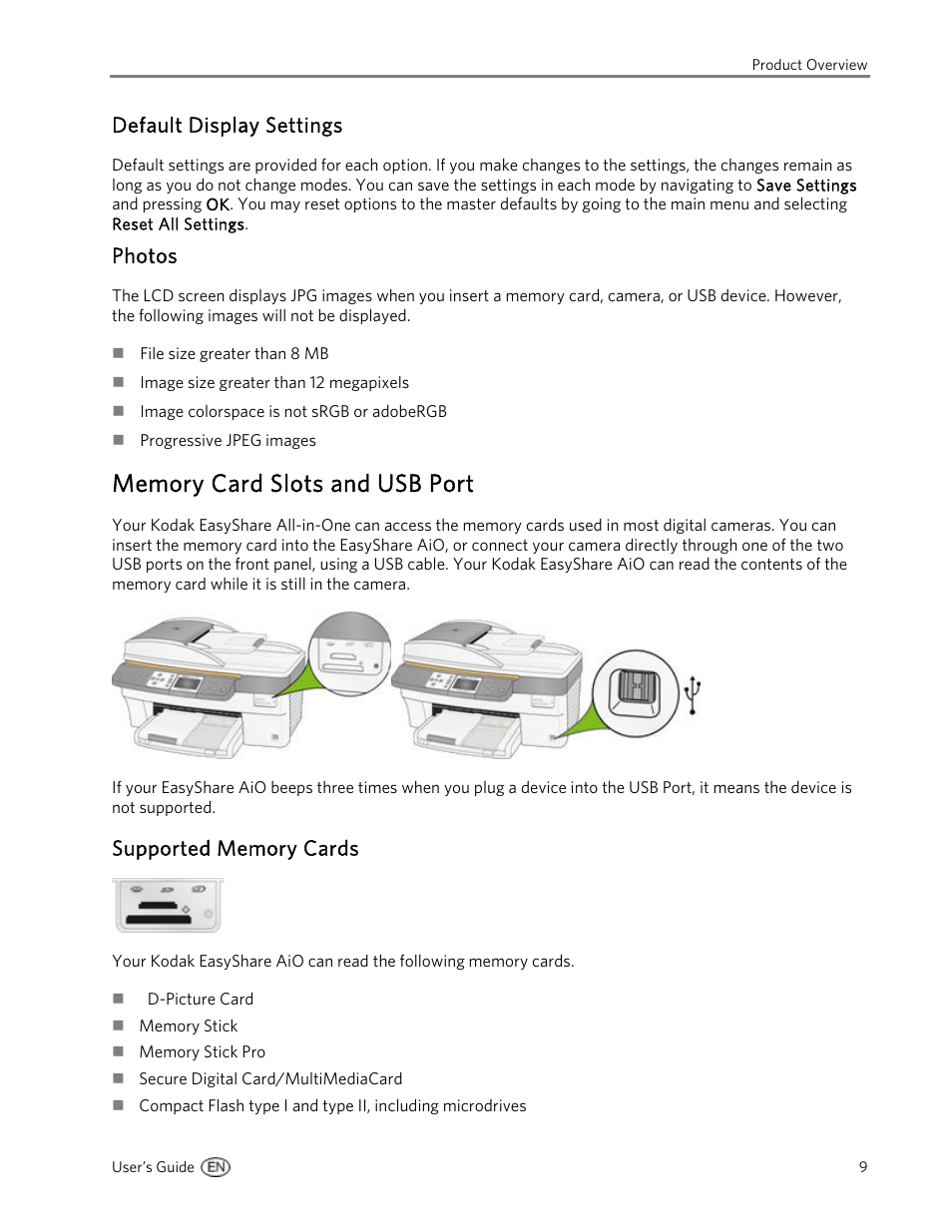 Default display settings, Photos, Memory card slots and usb port | Supported memory cards | Kodak 5500 User Manual | Page 13 / 120