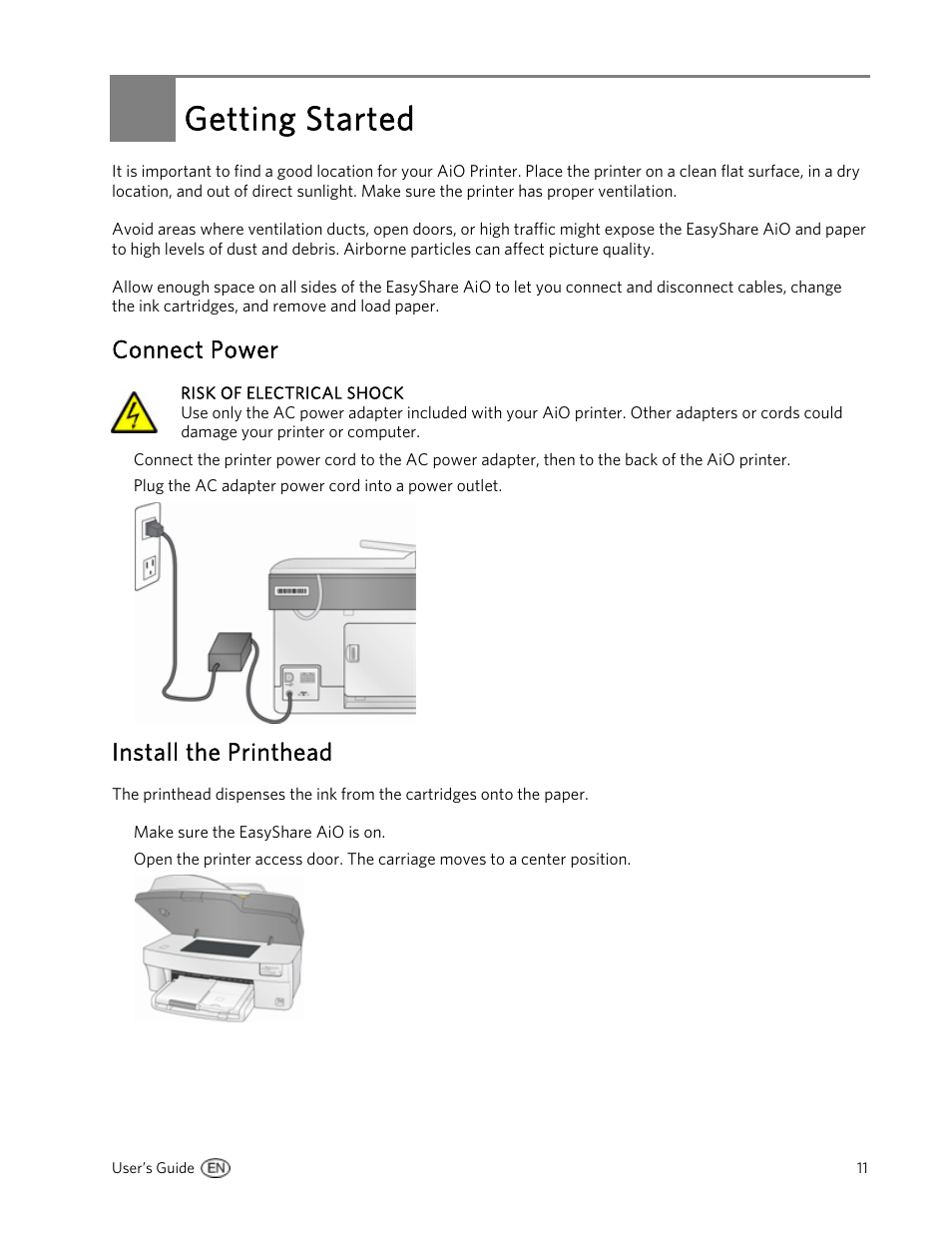 Getting started, Connect power, Install the printhead | Kodak 5500 User Manual | Page 15 / 120