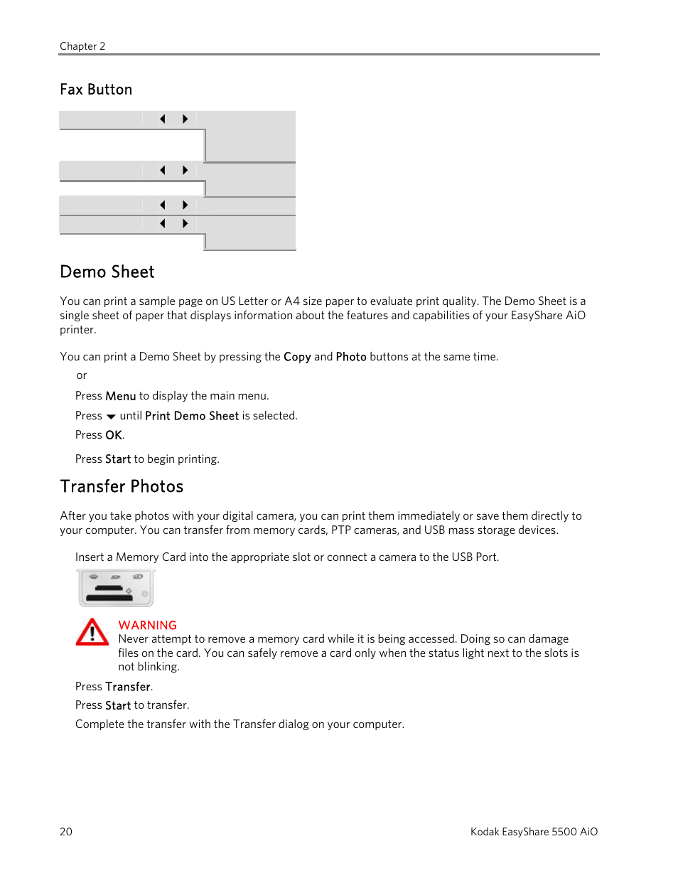 Fax button, Demo sheet, Transfer photos | Kodak 5500 User Manual | Page 24 / 120