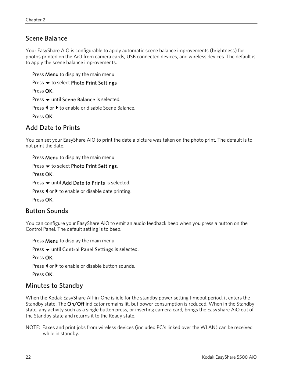 Scene balance, Add date to prints, Button sounds | Minutes to standby | Kodak 5500 User Manual | Page 26 / 120