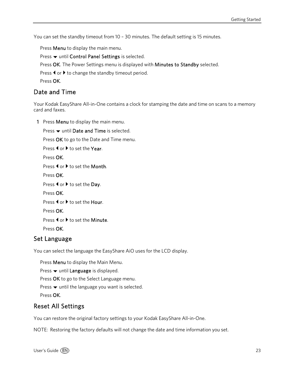 Date and time, Set language, Reset all settings | Kodak 5500 User Manual | Page 27 / 120