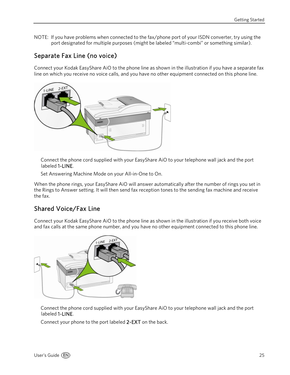 Separate fax line (no voice), Shared voice/fax line | Kodak 5500 User Manual | Page 29 / 120