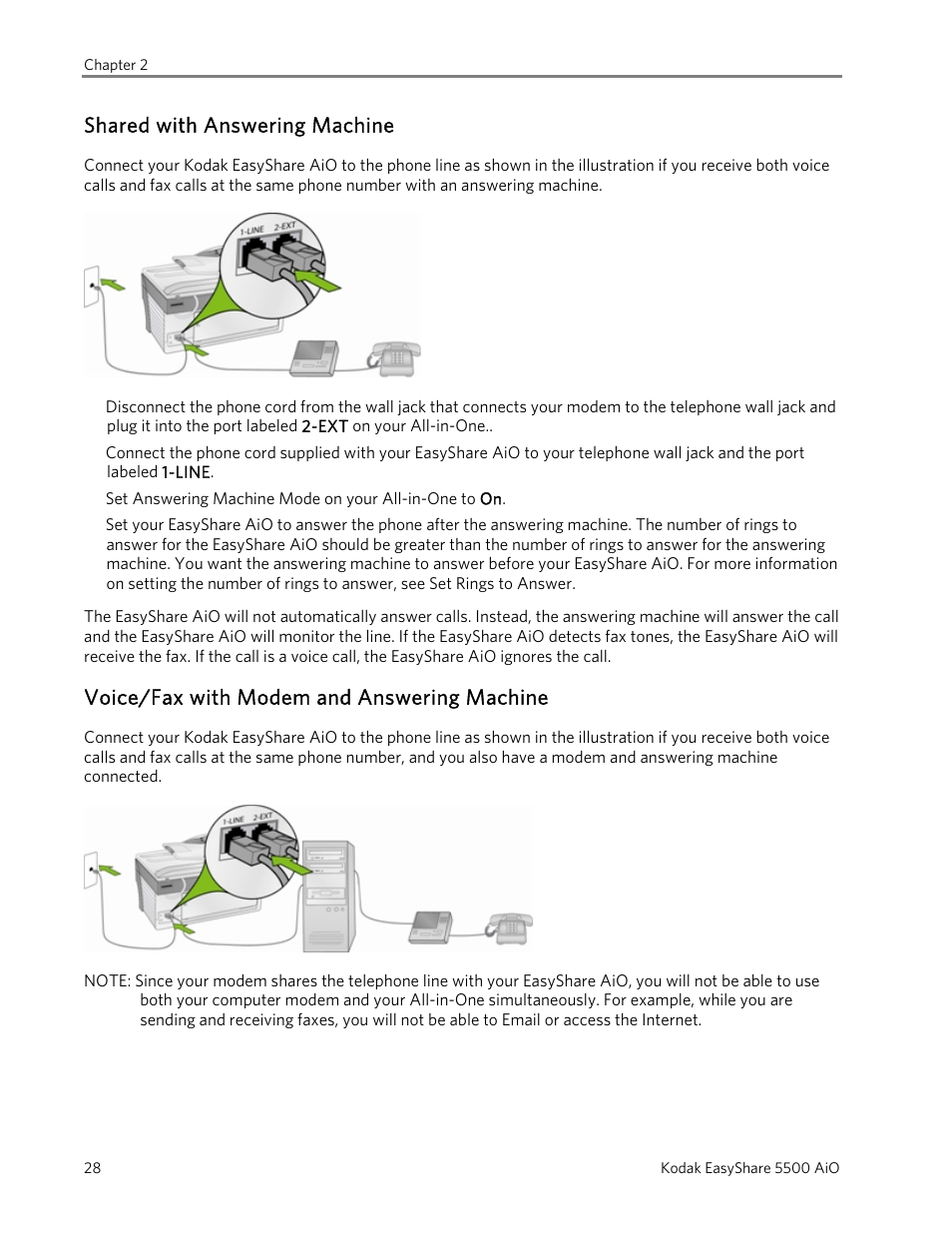 Shared with answering machine, Voice/fax with modem and answering machine | Kodak 5500 User Manual | Page 32 / 120