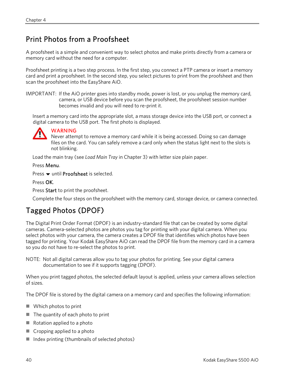 Print photos from a proofsheet, Tagged photos (dpof) | Kodak 5500 User Manual | Page 44 / 120