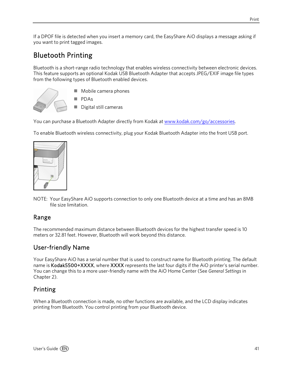 Bluetooth printing, Range, User-friendly name | Printing | Kodak 5500 User Manual | Page 45 / 120