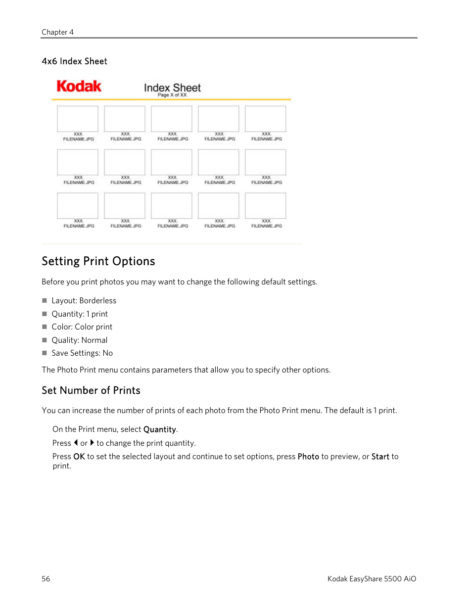 4x6 index sheet, Setting print options, Set number of prints | Kodak 5500 User Manual | Page 60 / 120