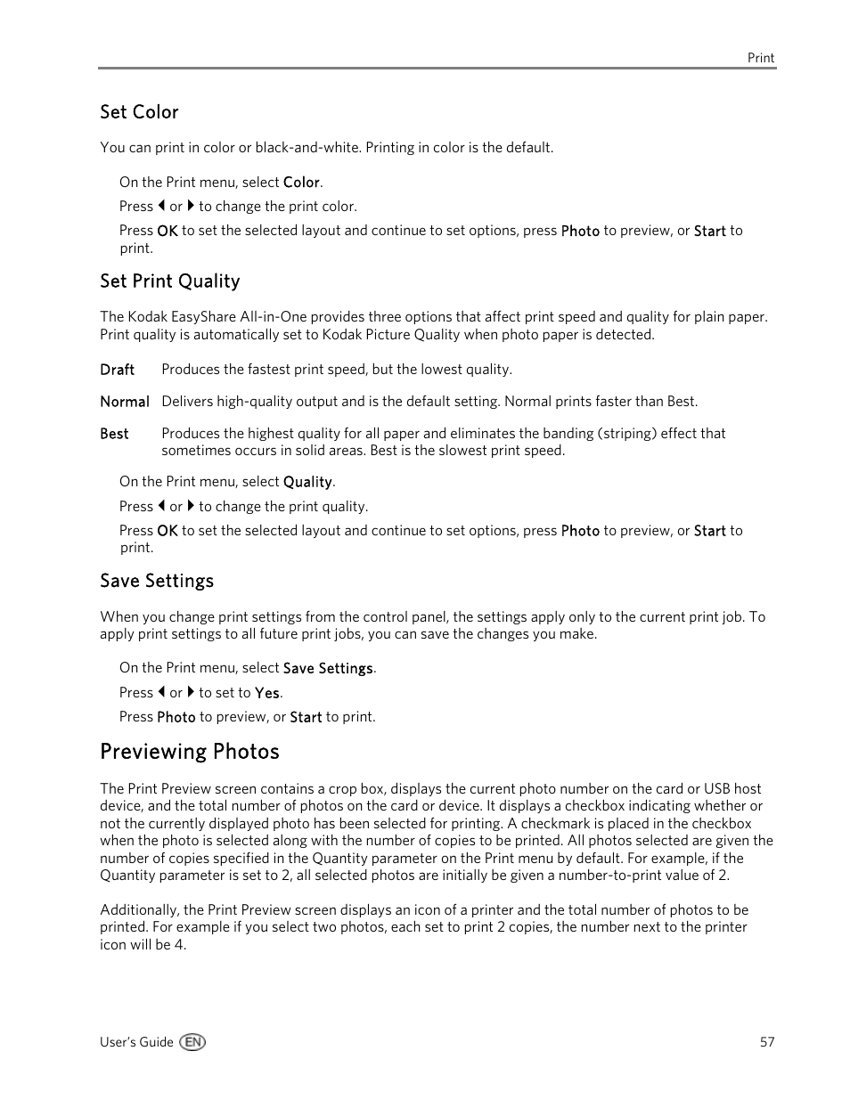 Set color, Set print quality, Save settings | Previewing photos | Kodak 5500 User Manual | Page 61 / 120