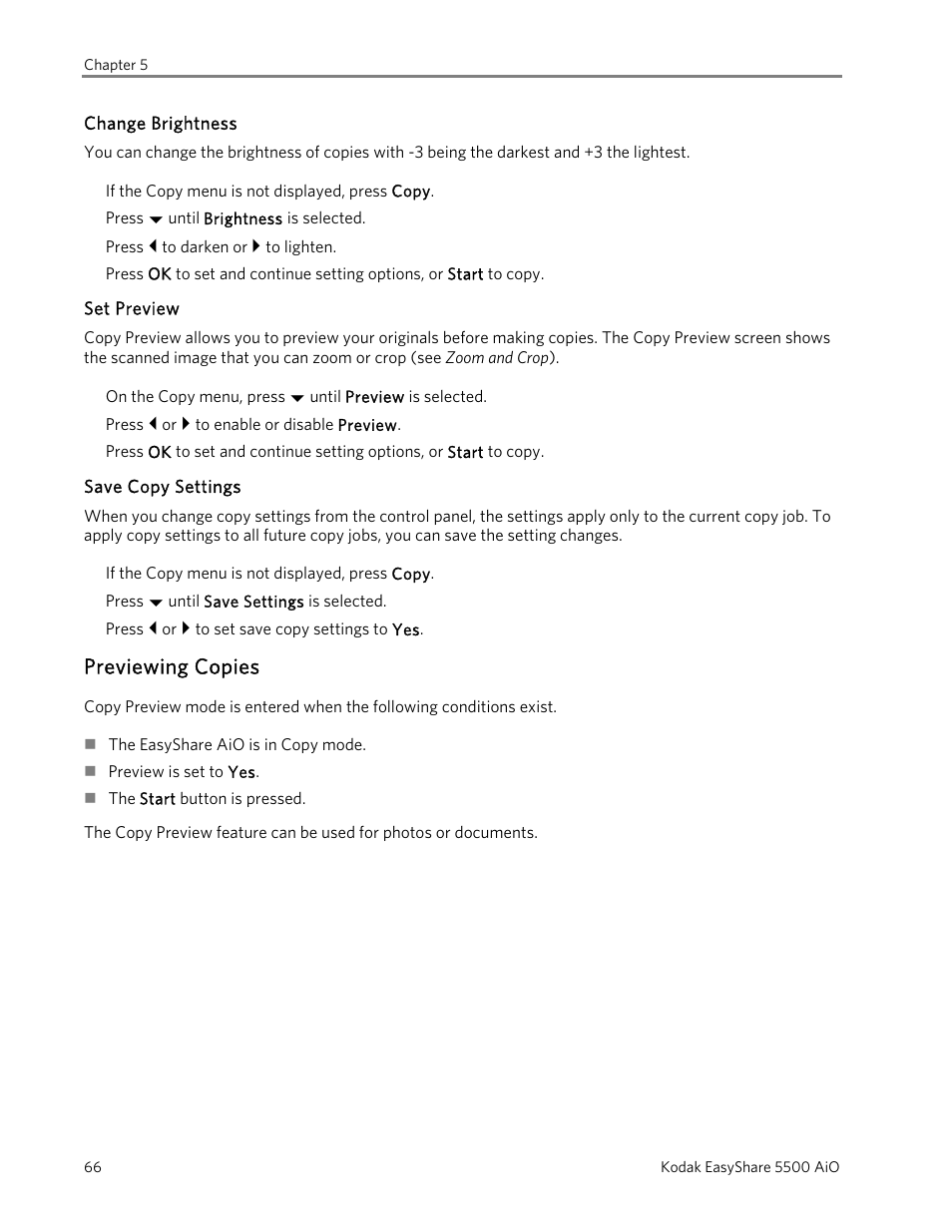 Change brightness, Set preview, Save copy settings | Previewing copies | Kodak 5500 User Manual | Page 70 / 120