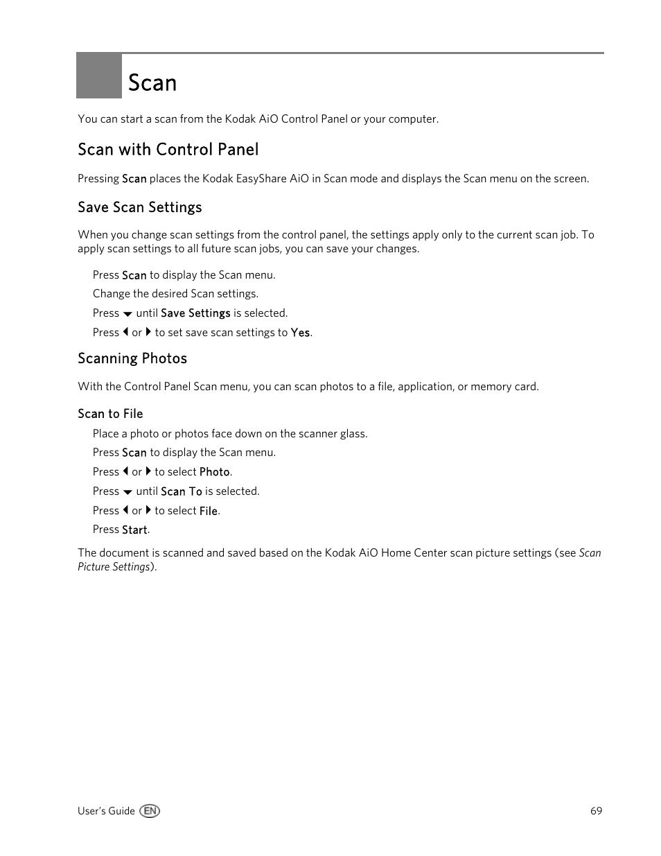 Scan, Scan with control panel, Save scan settings | Scanning photos, Scan to file | Kodak 5500 User Manual | Page 73 / 120