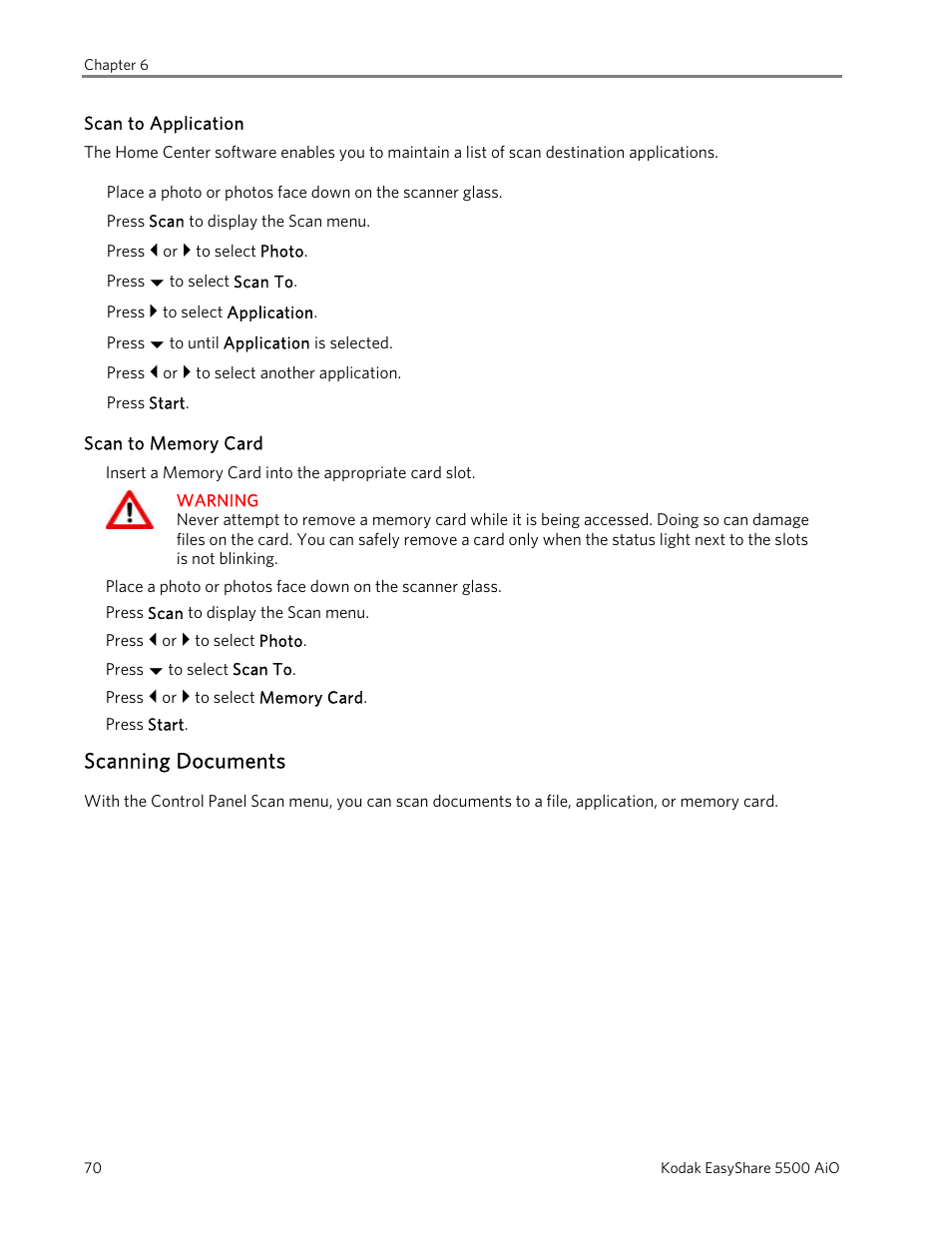 Scan to application, Scan to memory card, Scanning documents | Kodak 5500 User Manual | Page 74 / 120