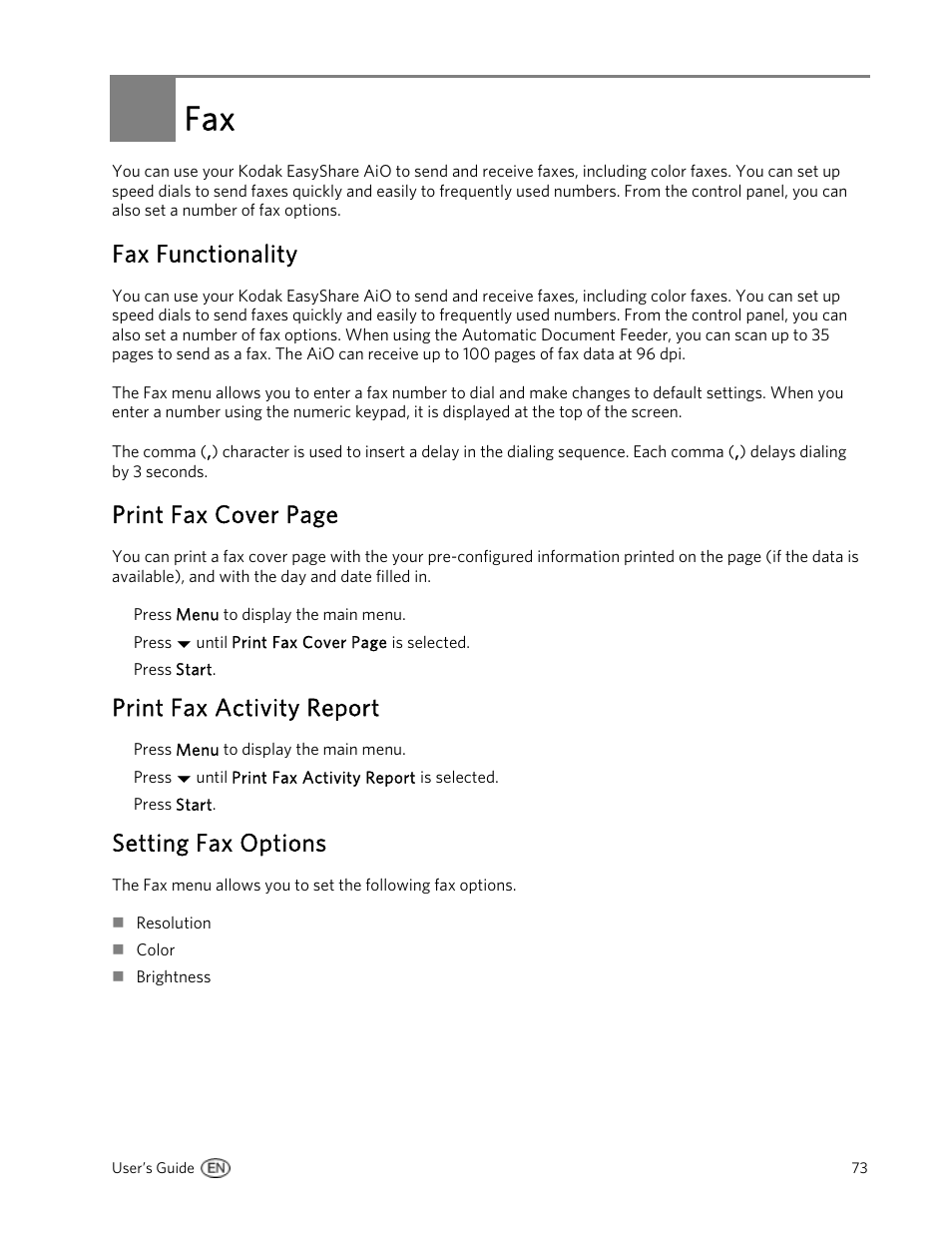 Fax functionality, Print fax activity report, Setting fax options | Print fax cover page | Kodak 5500 User Manual | Page 77 / 120