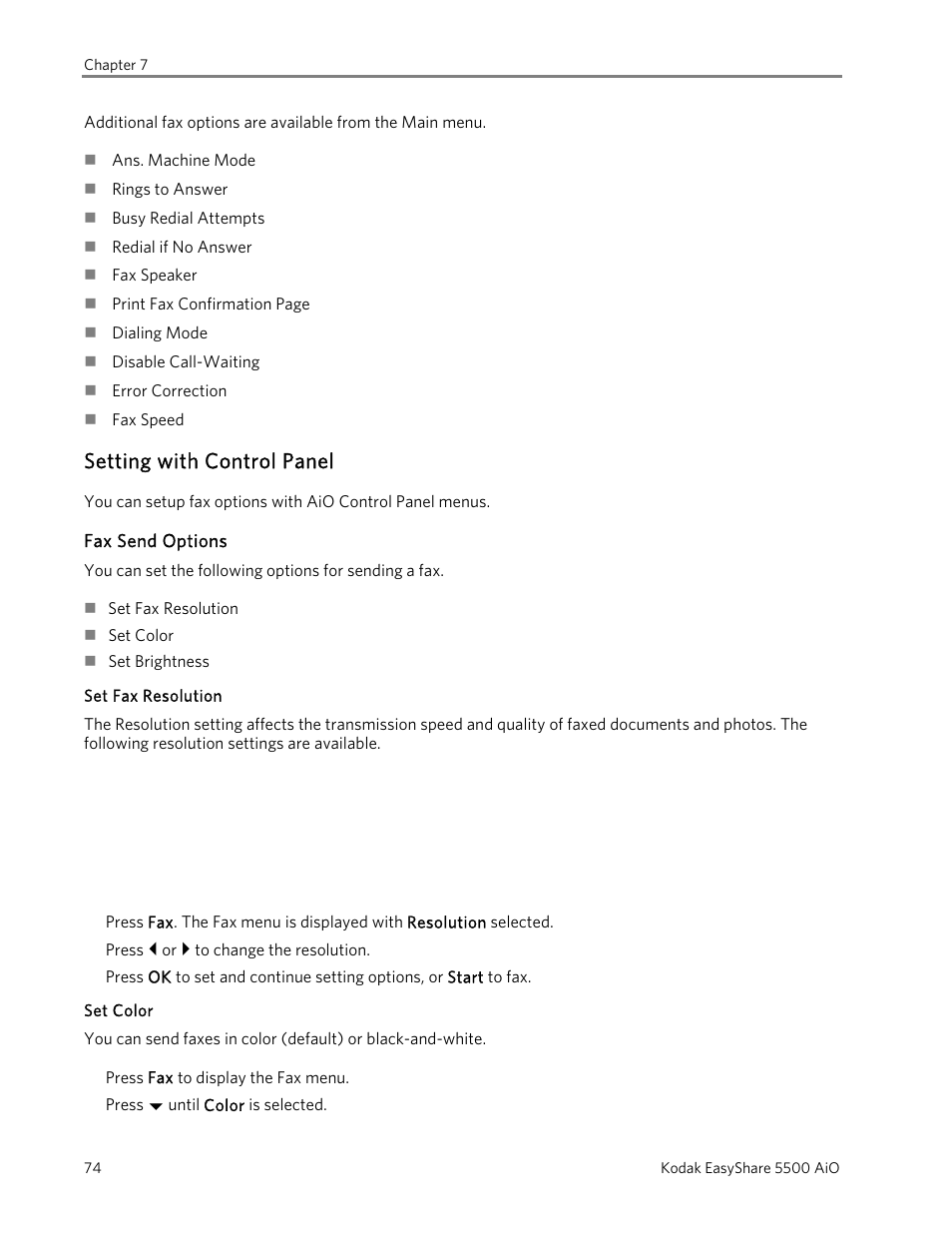Setting with control panel, Fax send options, Set fax resolution | Set color | Kodak 5500 User Manual | Page 78 / 120