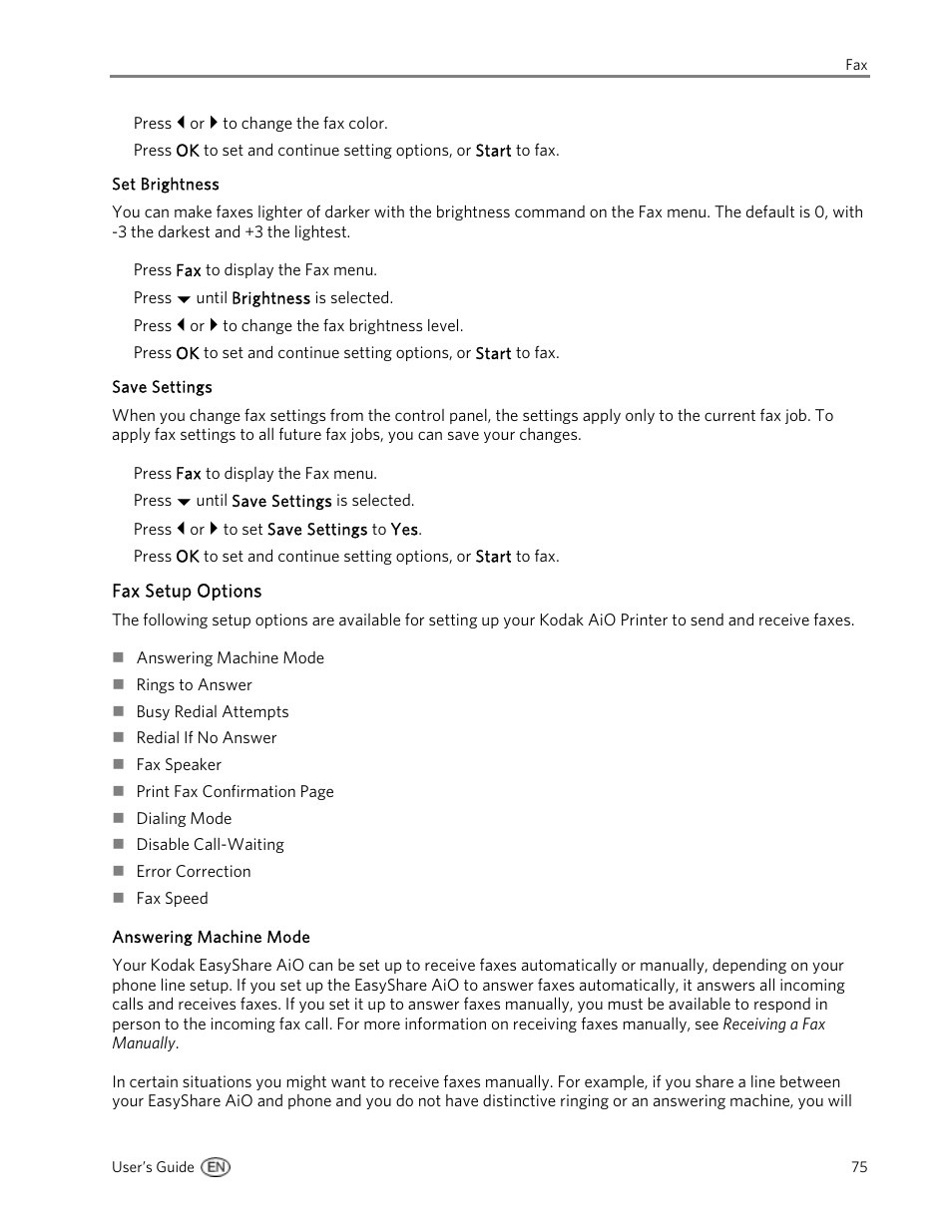 Set brightness, Save settings, Fax setup options | Answering machine mode | Kodak 5500 User Manual | Page 79 / 120