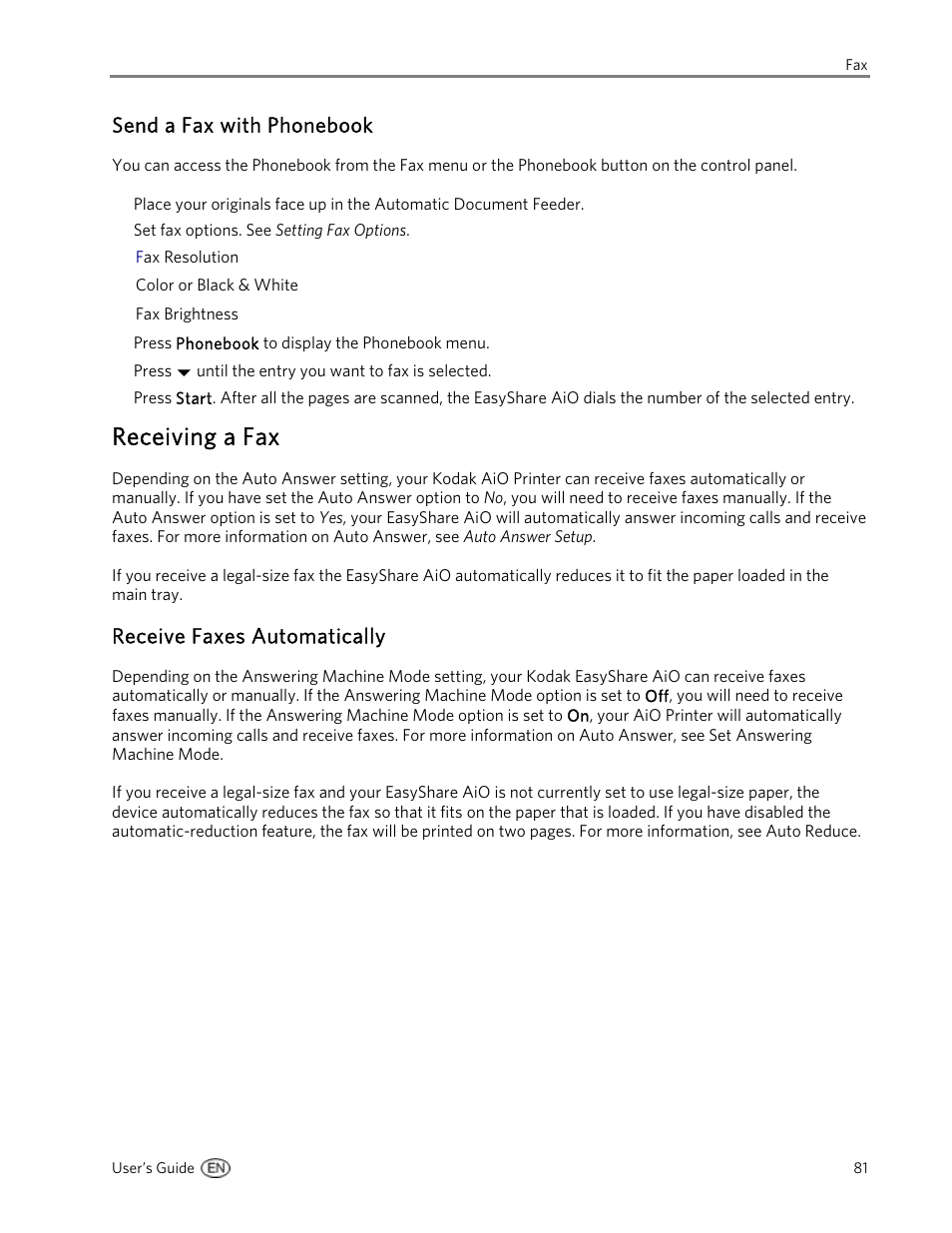 Send a fax with phonebook, Receiving a fax, Receive faxes automatically | Kodak 5500 User Manual | Page 85 / 120