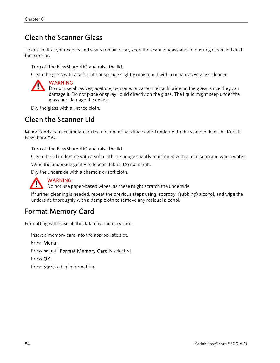 Clean the scanner glass, Clean the scanner lid, Format memory card | Kodak 5500 User Manual | Page 88 / 120