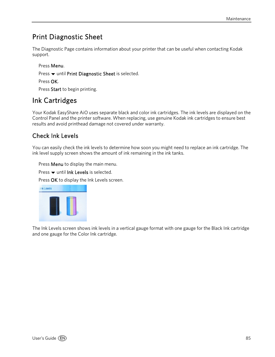 Print diagnostic sheet, Ink cartridges, Check ink levels | Kodak 5500 User Manual | Page 89 / 120
