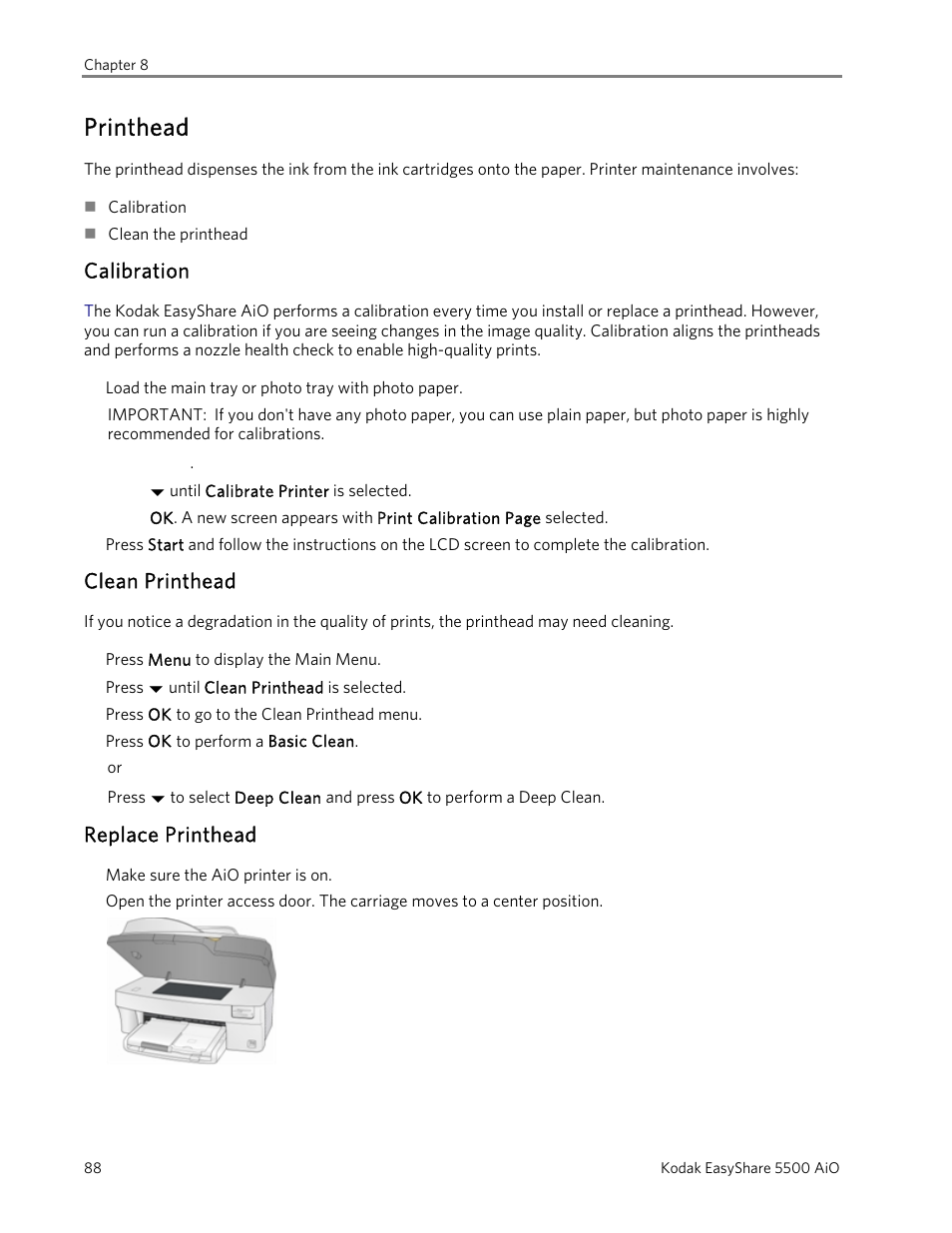 Printhead, Calibration, Clean printhead | Replace printhead | Kodak 5500 User Manual | Page 92 / 120