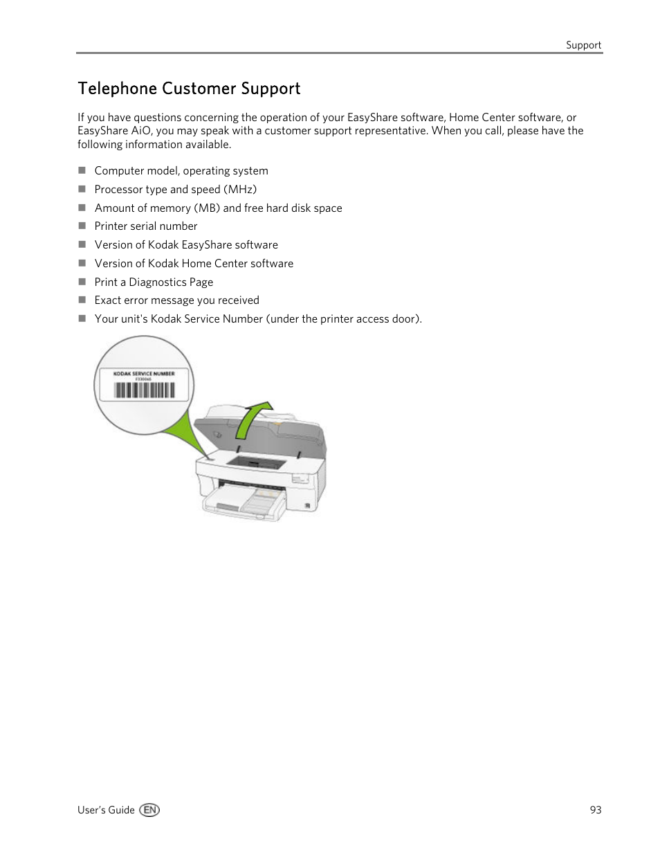 Telephone customer support | Kodak 5500 User Manual | Page 97 / 120