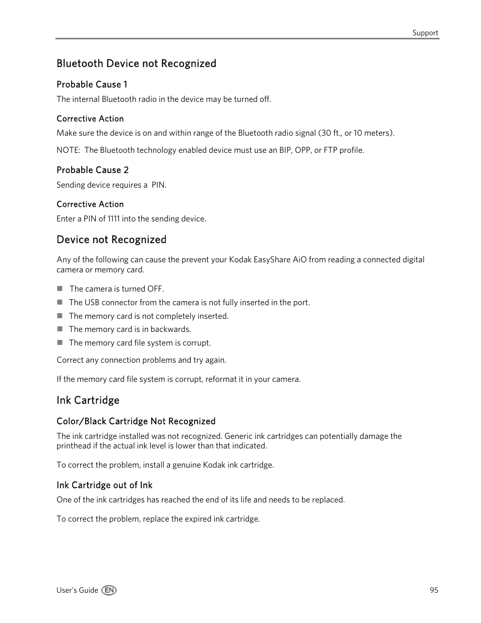 Bluetooth device not recognized, Probable cause 1, Corrective action | Probable cause 2, Device not recognized, Ink cartridge, Color/black cartridge not recognized, Ink cartridge out of ink | Kodak 5500 User Manual | Page 99 / 120