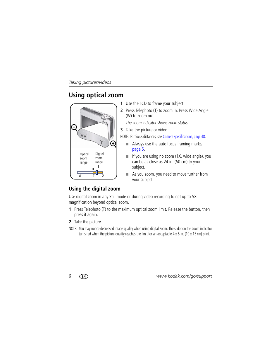 Using optical zoom, Using the digital zoom | Kodak EASYSHARE C513 User Manual | Page 12 / 69