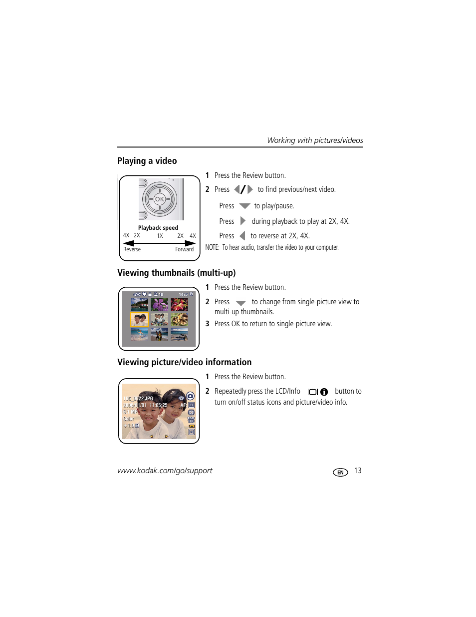 Playing a video, Viewing thumbnails (multi-up), Viewing picture/video information | Kodak EASYSHARE C513 User Manual | Page 19 / 69