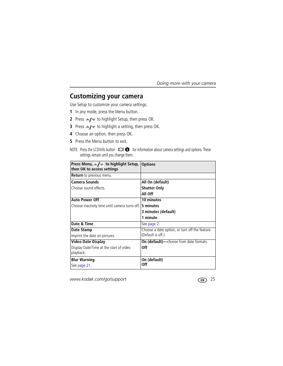 Customizing your camera | Kodak EASYSHARE C513 User Manual | Page 31 / 69
