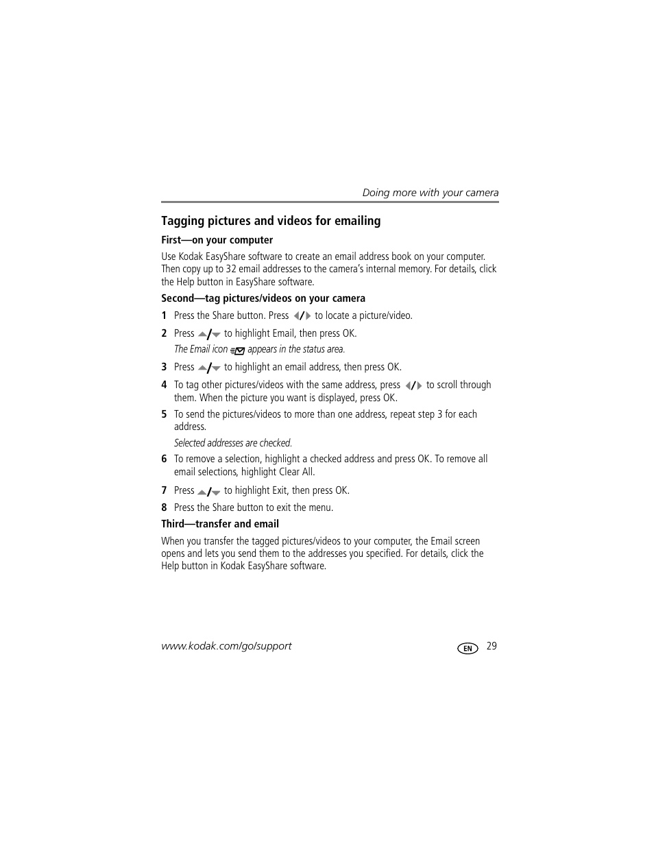 Tagging pictures and videos for emailing, First-on your computer, Second-tag pictures/videos on your camera | Third-transfer and email | Kodak EASYSHARE C513 User Manual | Page 35 / 69