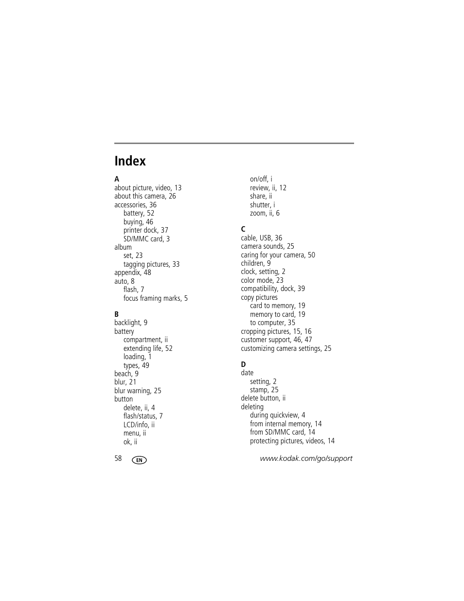 Index | Kodak EASYSHARE C513 User Manual | Page 64 / 69