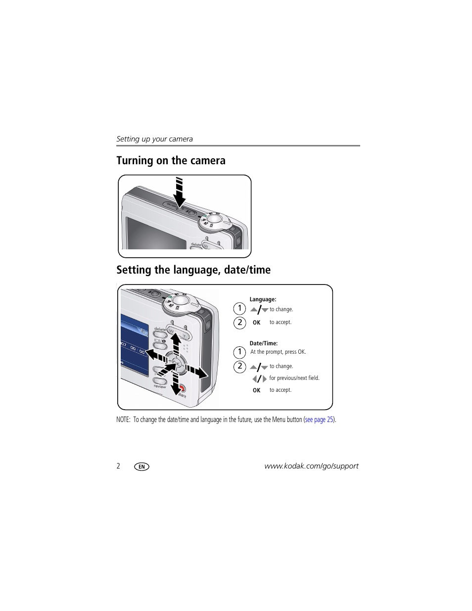 Turning on the camera, Setting the language, date/time | Kodak EASYSHARE C513 User Manual | Page 8 / 69