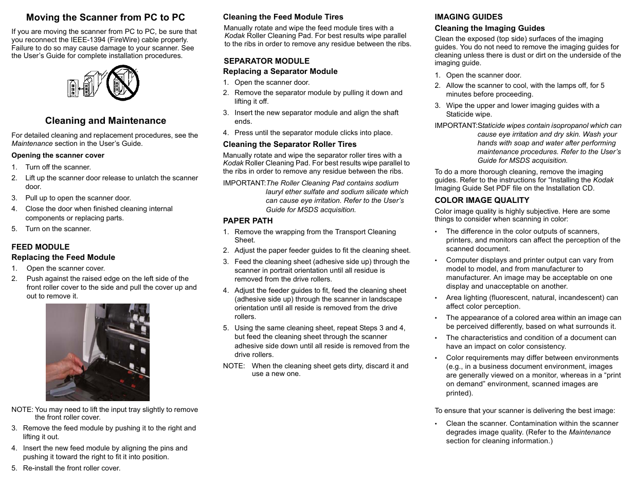 Moving the scanner from pc to pc, Cleaning and maintenance | Kodak SERIES I100 User Manual | Page 2 / 2