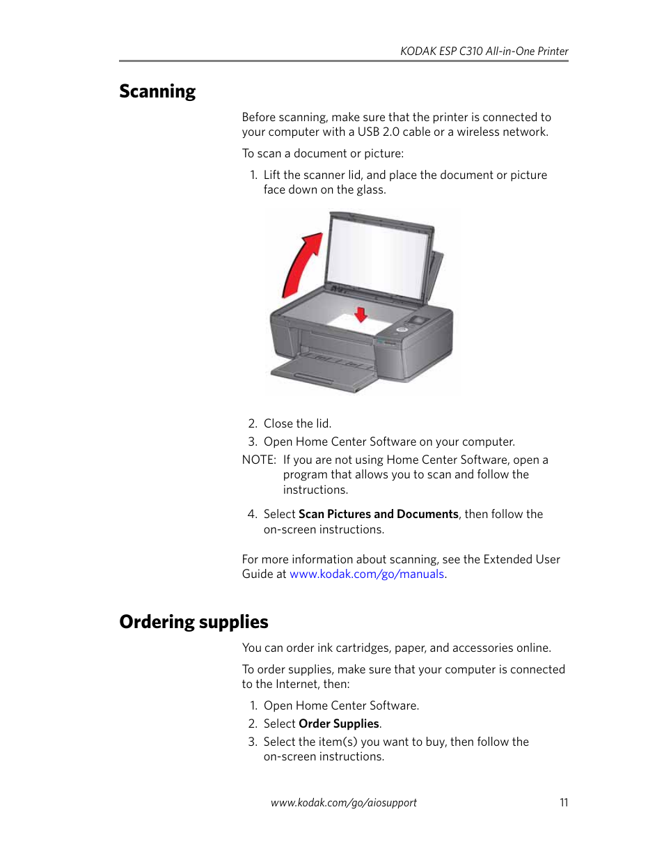 Scanning, Ordering supplies, Scanning ordering supplies | Kodak C310 User Manual | Page 13 / 20