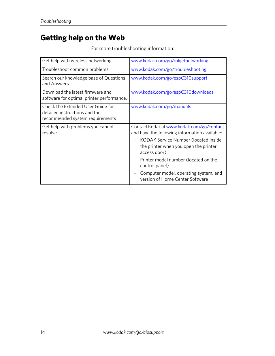 Getting help on the web | Kodak C310 User Manual | Page 16 / 20