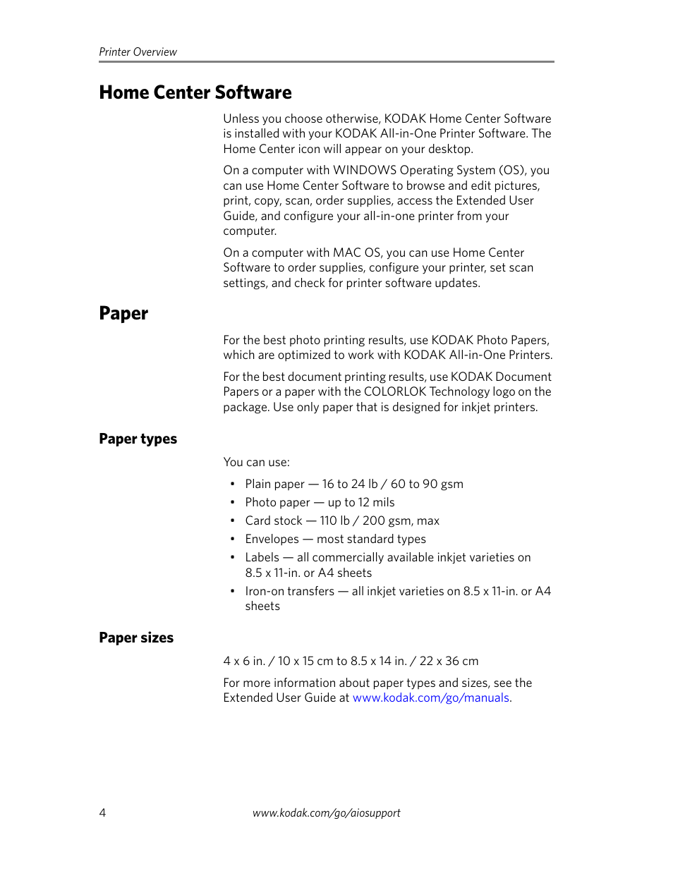 Home center software, Paper, Paper types | Paper sizes, Home center software paper, Paper types paper sizes | Kodak C310 User Manual | Page 6 / 20