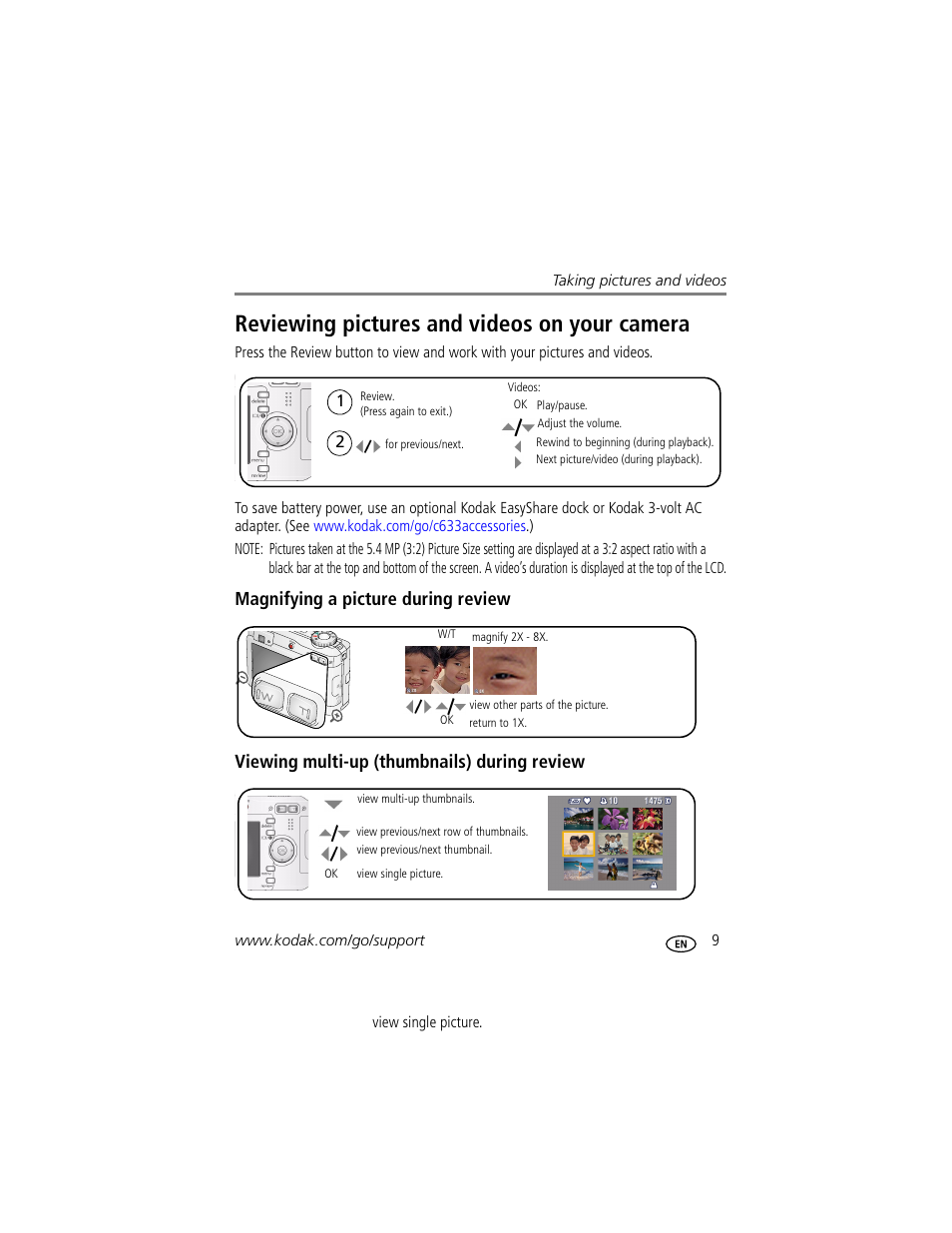 Reviewing pictures and videos on your camera, Magnifying a picture during review, Viewing multi-up (thumbnails) during review | Kodak EASYSHARE C633 User Manual | Page 15 / 69